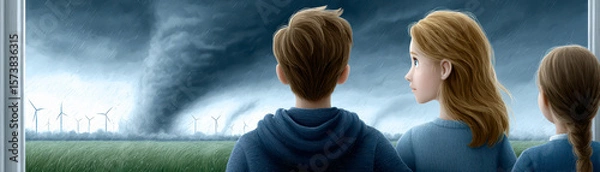 Fototapeta Three people watch a tornado with swirling clouds and wind turbines in the distance during a stormy day.