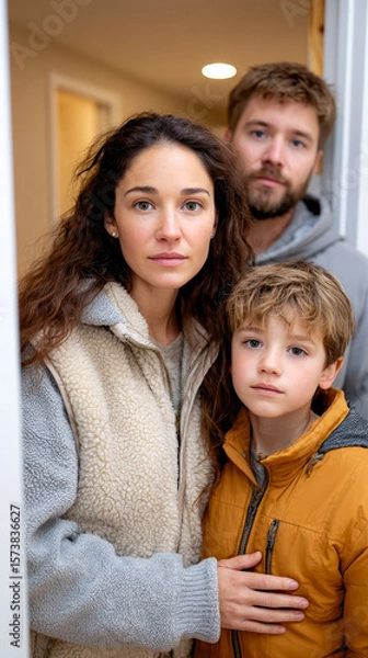 Fototapeta A serious-looking family of three stands together indoors, dressed in warm clothing, conveying a sense of concern or contemplation.