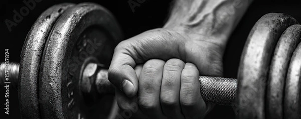 Obraz Strength training with dumbbells, focused grip at the gym during evening workout session
