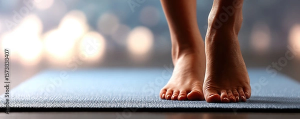 Obraz Practicing mindfulness on a yoga mat with bare feet in a serene indoor environment during a peaceful morning session