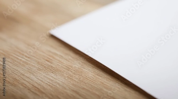 Obraz A blank notecard placed on a wooden desk with soft diffused lighting and shallow focus.