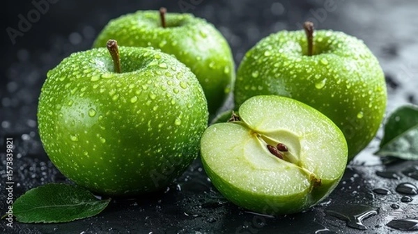 Fototapeta Three ripe green apples with water droplets, one sliced, on dark background.