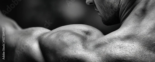 Obraz Strong muscular arm flexing in black and white showcasing impressive definition in a dimly lit environment