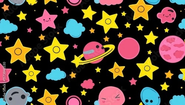 Fototapeta Cute doodle-style pattern of stars, clouds, and planets in bright neon colors on a black background 2