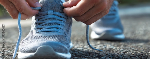 Obraz Person tying shoelaces on sports shoes while preparing for a run in a park during daylight