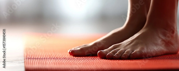 Obraz Practicing yoga with bare feet on an orange mat in a bright indoor space during a calm morning session