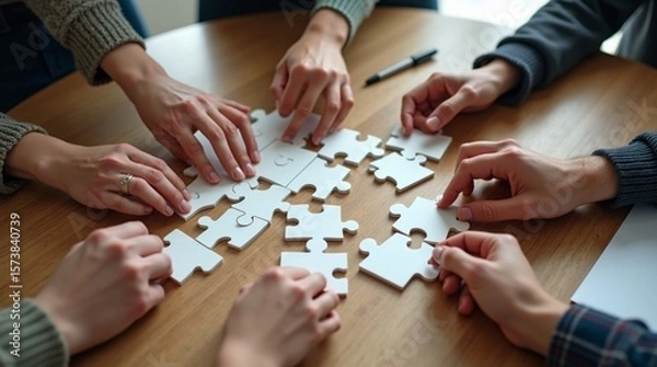 Fototapeta United Team Hands Collaborating to Assemble a White Puzzle on a Wooden Table, Symbolizing Problem-Solving and Teamwork.