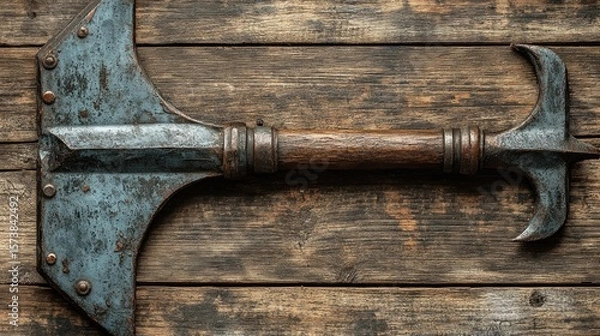 Fototapeta Top view of a weathered, antique battle-axe with a wooden handle on a rustic wooden surface.