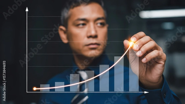 Fototapeta Businessman analyzing growth trends with graph, showcasing determination and focus. 2026