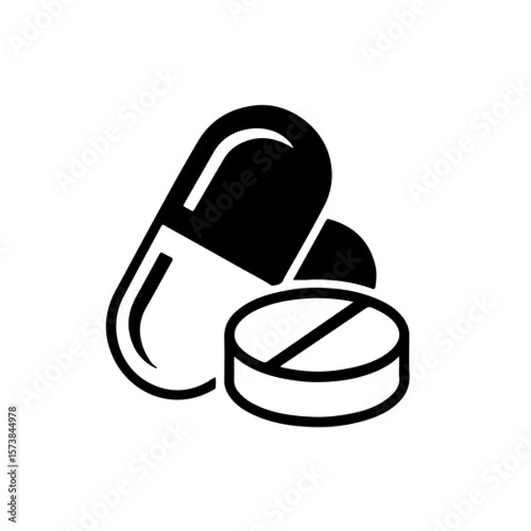 Fototapeta Medicine Pills and Capsule Icon. A clear and solid black vector icon depicting a combination of a capsule and a tablet pill. This versatile graphic is ideal for themes related to pharmaceuticals