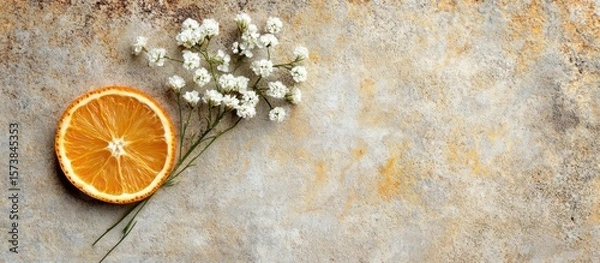 Fototapeta Elegant stillness: Dried orange slice alongside delicate baby's breath on a textured surface