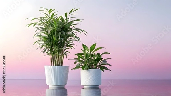 Fototapeta Two Green Potted Plants on Reflective Surface with Gradient Sky