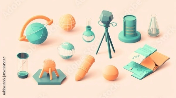 Fototapeta Whimsical collection of simplified scientific and exploratory equipment and tools