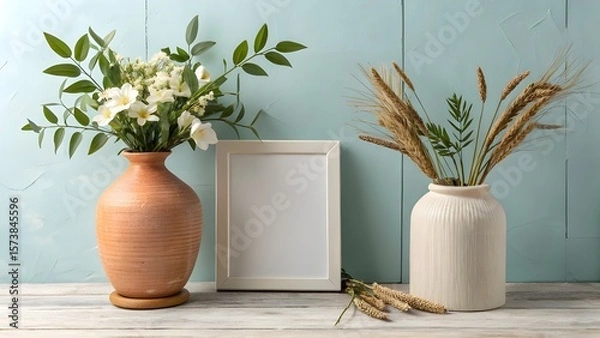 Fototapeta Two vases with flowers and wheat next to a blank picture frame