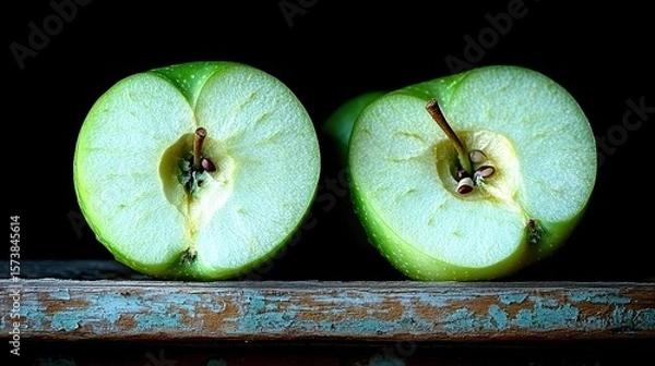 Fototapeta Two halved green apples on rustic wooden surface, close-up view of the core.