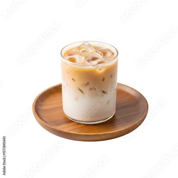 Fototapeta Coconut milk ice latte served on wooden plates against a white background in an isolated style

