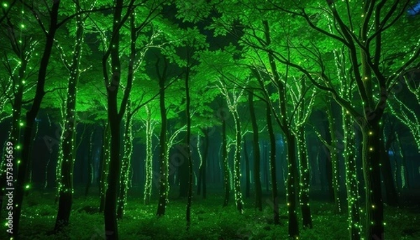 Fototapeta Digital forest made of data and code, trees with glowing fiber optic branches, metaphor for green technology and digital sustainability 2