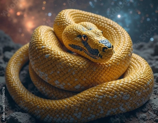 Fototapeta Portrait of a yellow snake on a rock with a space background. AI generated