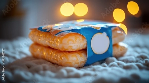 Fototapeta Two individually wrapped cheese slices on a soft surface with bokeh lights.