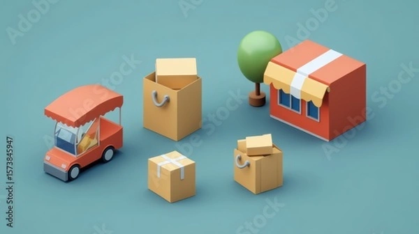 Fototapeta Isometric Illustration of Online Shopping with Delivery Service for e-commerce