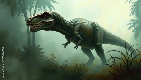 Fototapeta Digital painting of a majestic T-Rex walking through a foggy prehistoric jungle, with impressionist brush strokes and moody lighting 2