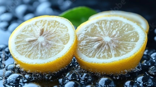 Fototapeta Two lemon halves with seeds, glistening, on a dark background with water droplets.