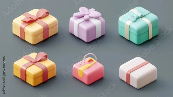 Fototapeta Elegant assortment of playfully designed gift boxes in pastel hues, isometric view