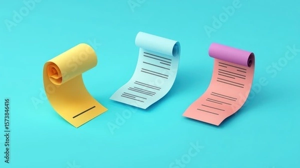 Fototapeta Colorful Abstract Receipts on Turquoise Background Symbolizing Financial Clarity