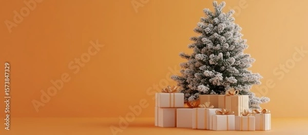 Fototapeta Minimalist christmas backdrop featuring a snowy tree and elegant gift boxes