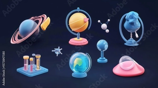 Fototapeta Conceptual 3D Render of Education and Scientific Exploration Still Life Arrangement