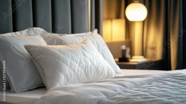 Fototapeta Serene hotel suite showcasing luxurious bedding and soft ambient lighting