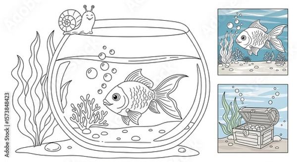 Fototapeta A coloring page showcases a goldfish swimming in a bowl, accompanied by a snail, perfect for children's coloring activities, artistic projects, and learning.