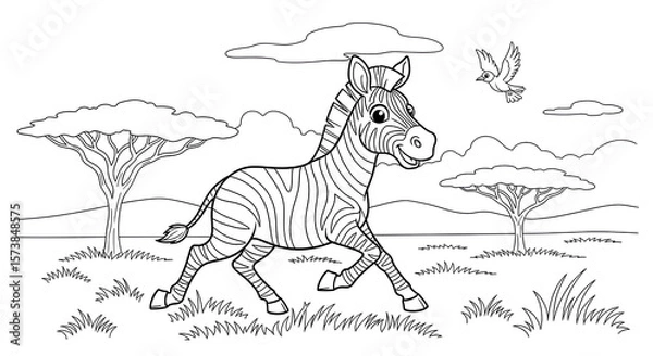 Fototapeta A playful zebra gallops across an African savanna, a charming outline illustration suitable for coloring books or educational resources, offering a glimpse of wildlife.