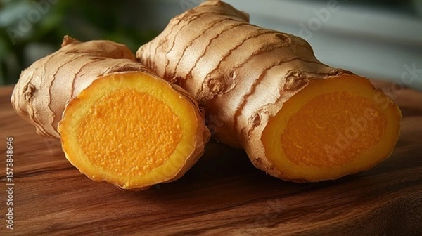 Fototapeta Two turmeric roots on wooden board, one sliced open revealing vibrant orange interior.