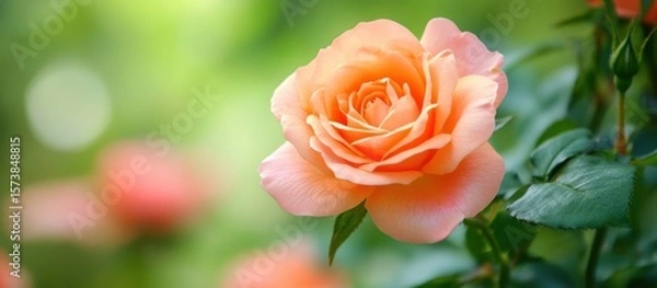 Fototapeta Peach Rose Bloom in Natural Garden Setting, Soft Focus Green Background