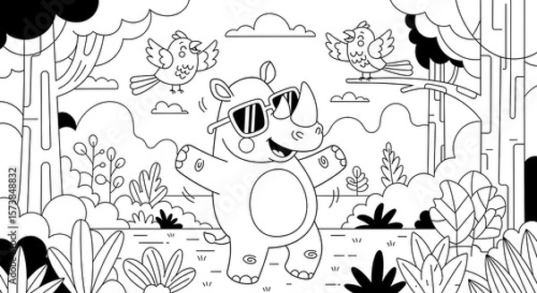 Fototapeta A whimsical coloring page featuring a cool rhinoceros wearing sunglasses, surrounded by birds and lush vegetation, inviting creative fun and artistic expression.