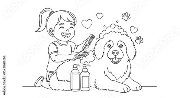 Fototapeta A cheerful little girl grooms her fluffy dog with a comb and soap, surrounded by hearts and paws, representing affection and care.