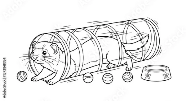 Fototapeta A delightful ferret illustration explores a tunnel, showcasing an active pet alongside balls and a bowl in a playful, engaging outline.