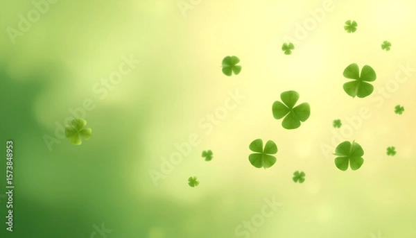 Fototapeta Abstract background with floating four-leaf clovers, soft gradients in green and gold, minimal composition, dreamy and elegant 2