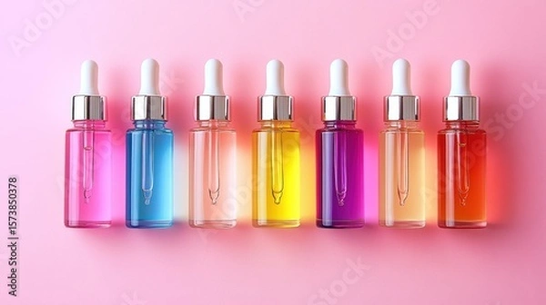 Obraz Colorful Cosmetic Dropper Bottles Arrayed Against a Soft Pink Background
