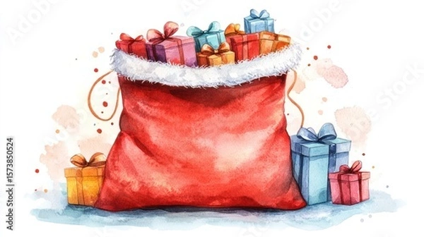 Obraz Festive watercolor illustration of Santa's sack overflowing with colorful gifts
