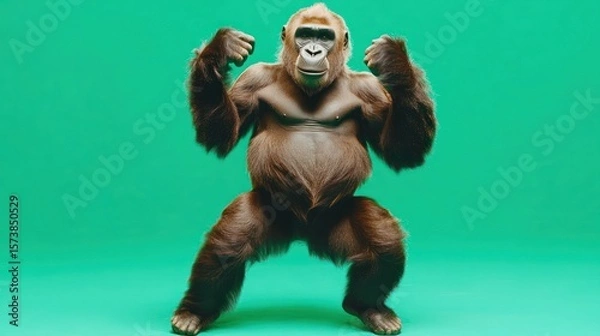 Obraz Humorous gorilla stance with raised fists against a bright green backdrop