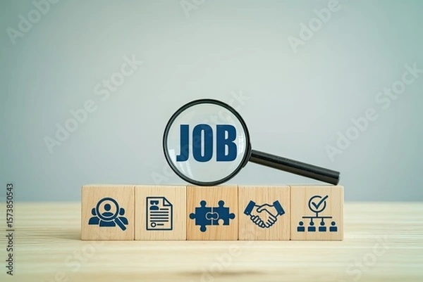 Fototapeta Magnifying glass highlighting the word job above wooden cubes with icons representing career search resume teamwork handshake and organizational structure