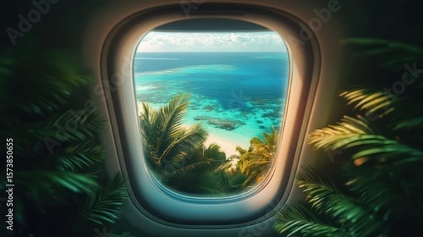 Obraz Tropical paradise seen through an airplane window on vacation journey