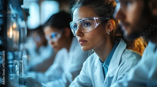 Obraz Focused medical research team analyzing test tube data in the laboratory