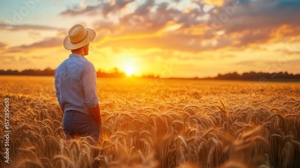 Obraz Golden hour farmer standing in wheat field admires sunset tranquility