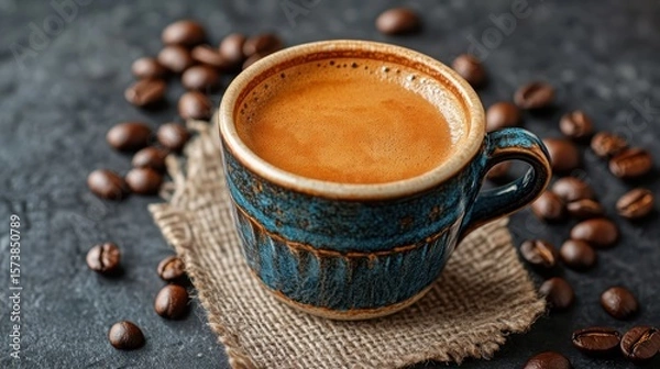 Obraz Aromatic espresso in handcrafted cup with roasted coffee bean arrangement