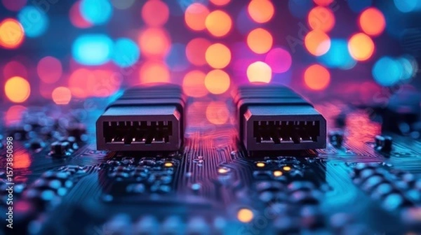 Obraz Macro View of Interconnected USB Ports on a Circuit Board with Bokeh Lights