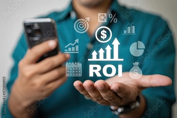 Fototapeta Man holding smartphone displaying roi and financial growth icons symbolizing investment success and business analytics