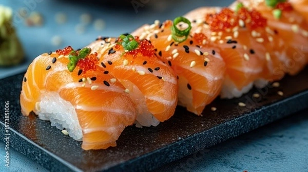 Obraz Delicious Salmon Sushi Rolls Adorned with Caviar and Sesame Seeds on Plate